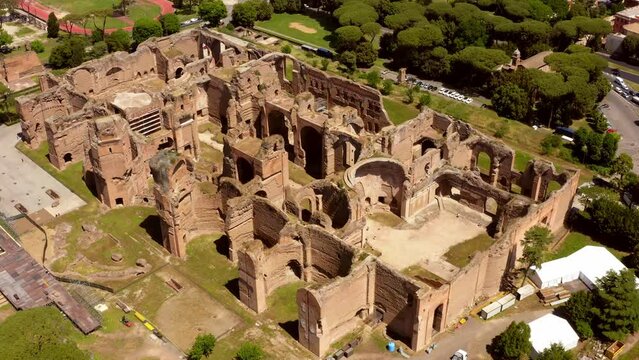 Aerial view of Baths of Caracalla located in Rome, Italy. They were important thermae and public baths of ancient Rome and today they are a visitable monument.