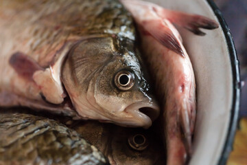 Silver crucians in a plate, cleaned and ready to be cooked