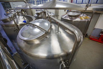 Stainless lid steel tanks with pressure meter in equipment tank facility for water cleaning