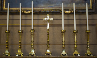 Altar with candles, copper cross, brass, old wooden window sill, indulgence, prayer, funeral, wedding
