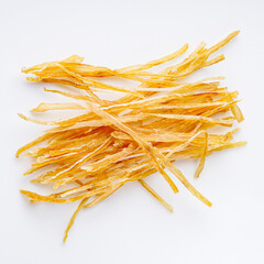 dried fish beer snack on a white acrylic background