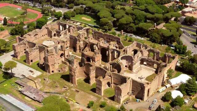 Aerial view of Baths of Caracalla located in Rome, Italy. They were important thermae and public baths of ancient Rome and today they are a visitable monument.