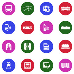 Bus And Train Icons. White Flat Design In Circle. Vector Illustration.