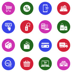 Commerce Icons. White Flat Design In Circle. Vector Illustration.