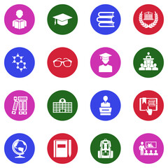 Student Icons. White Flat Design In Circle. Vector Illustration.