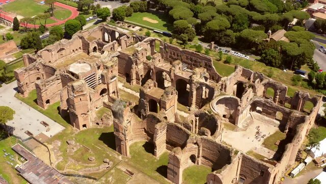 Aerial view of Baths of Caracalla located in Rome, Italy. They were important thermae and public baths of ancient Rome and today they are a visitable monument.