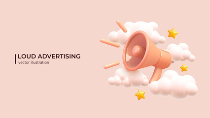 Loudspeaker with lightning with clouds and stars around. Marketing or advertising concept, 3d megaphone loudspeaker with yellow lightnings. Realistic vector illustration