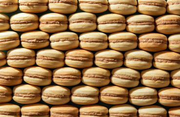 Nut cookies filled with caramel creme, above view.