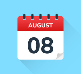August 08. Vector flat daily calendar icon. Date and time, day, month.