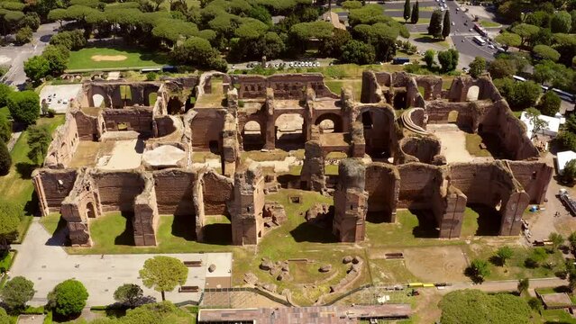 Aerial view of Baths of Caracalla located in Rome, Italy. They were important thermae and public baths of ancient Rome and today they are a visitable monument.