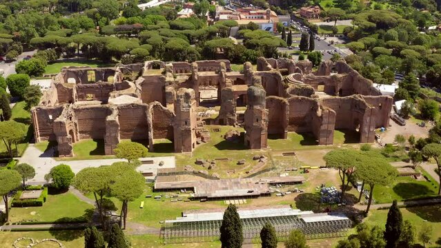Aerial view of Baths of Caracalla located in Rome, Italy. They were important thermae and public baths of ancient Rome and today they are a visitable monument.