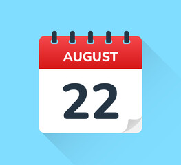 August 22, twenty-two of the month. Vector flat design of daily calendar icon. Date and day of the year.