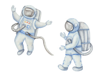 Watercolor illustration of hand painted spaceman in space costume in grey and blue colors. Flying and walking cosmonaut. Isolated clip art Astronaut for poster. International Day of Human Space Flight © Olga Sidelnikova