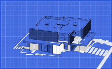 3d rendering of modern cozy house with parking and pool for sale or rent with wood plank facade.  Black line sketch with white spot and blueprint background