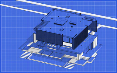 3d rendering of modern cozy house with parking and pool for sale or rent with wood plank facade.  Black line sketch with white spot and blueprint background