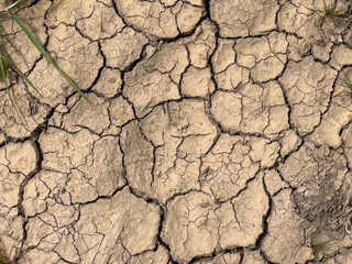 Top view of dry and cracked soil from heat and thirst.