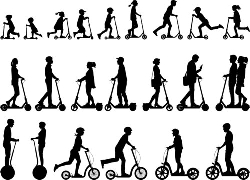 People men women and children riding kick electric urban scooter vector silhouette collection