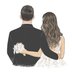 Young couple on their wedding day hand drawn Illustration