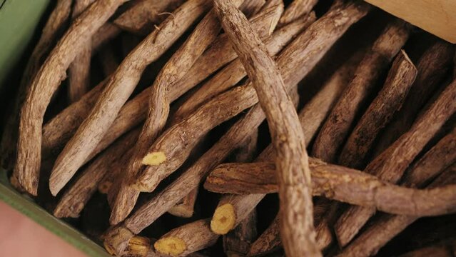 Licorice roots close-up. Herbal detox tea. 
