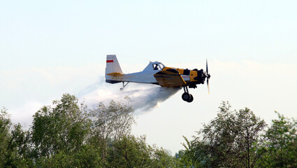 A forest and meadow fire extinguished from the air by a fire-fighting plane