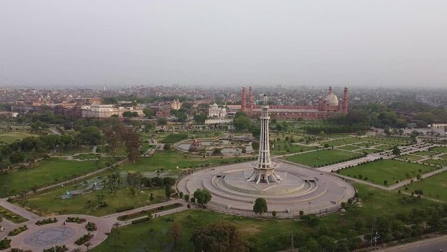 Beautiful and Historical Royal Mosque Badshahi Masjid and Minar-e-Pakistan Lahore Punjab. Aerial views of Iqbal Park, Drone's Footage