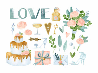 Watercolor wedding elements and lettering set 