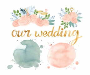Fototapeta premium Wedding lettering, watercolor splashes and flower bouquets
