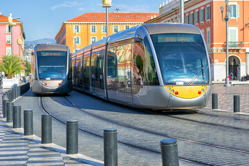 NICE FRANCE - AUGUST 20: Modern tram in the center of Nice France on August 20 2021.