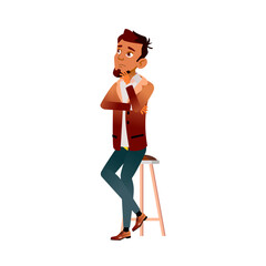 Student Thinking And Choosing Food In Cafe Vector. Young Hispanic Boy Thinking And Choose Dish From Cafeteria Menu. Character Teen Sitting On Restaurant Chair Flat Cartoon Illustration