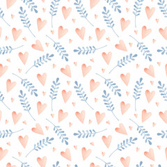 Fototapeta na wymiar Pink hearts and blue branches watercolor seamless pattern
