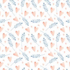 Pink hearts and blue branches watercolor seamless pattern