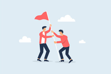 Team goals concept, teamwork, flag as a symbol of success in achieving goals. Vector illustration