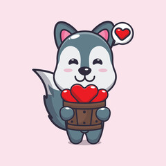 cute wolf cartoon character holding love in wood bucket