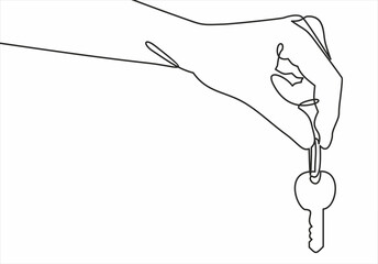 The hand holding a key. Vector continuous line.