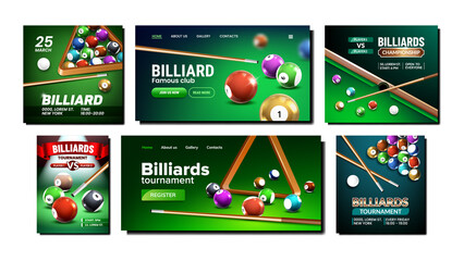 Billiard Creative Promotion Posters Set Vector. Billiard Competition And Championship Event In Sport Club, Balls And Cue For Playing On Advertising Banners. Style Concept Template Illustrations - obrazy, fototapety, plakaty