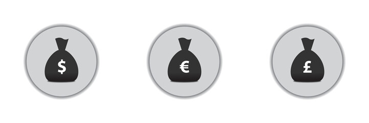 Money Bags with currency symbols. Vector illustration.