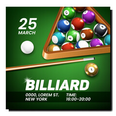 Billiard Game Creative Promotion Banner Vector. Billiard Balls In Triangle And Wooden Stick On Playing Table Surface, Tools For Play Sport Game Advertise Poster. Style Concept Template Illustration