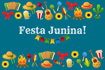 Festa junina horizontal background with traditional celebration symbols.Vector illustration for Latin American holiday. 