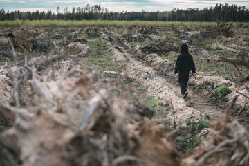 A boy walks among cut down trees. Russia.