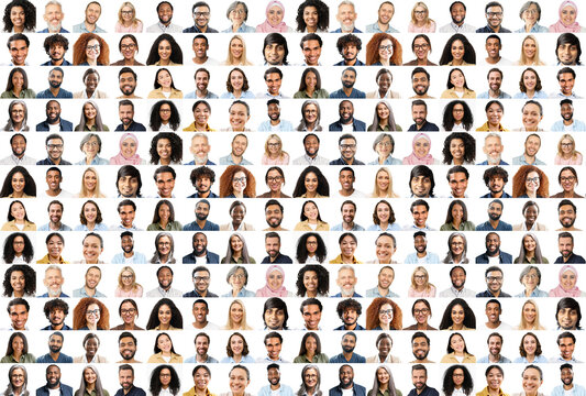 Collage of many diverse international people different ages and appearances, group of multiethnic employees, mix of portraits of smiling business people, crowded pc screen