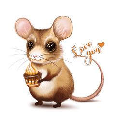 Cartoon character funny mouse with cake. Happy birthday card, valentine. Illustration for children, for printing on textiles, t-shirts, mugs and souvenirs.