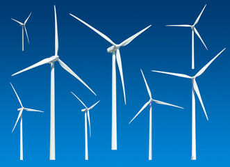 Wind generators at different angles, isolated collection on blue background
