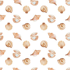 Watercolor seamless pattern from hand painted illustration of sea shell in brown beige color with blue jewelry pearl. Ocean animal. Sea life. Marine print on white background for summer fabric textile