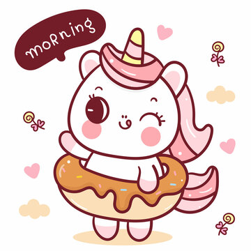 Cute Unicorn Cartoon With Yummy Donut Kawaii Character