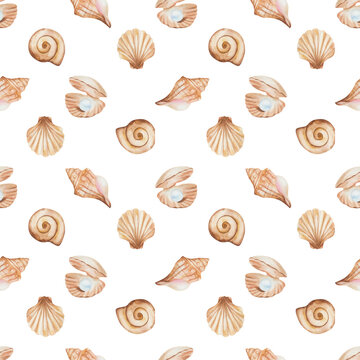 Watercolor seamless pattern from hand painted illustration of sea shell in brown beige color with blue jewelry pearl. Ocean animal. Sea life. Marine print on white background for summer fabric textile