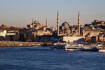 Fototapeta na wymiar Istanbul, Turkey - April 08, 2022: Postcovid Istanbul landscape. Galata Bridge.