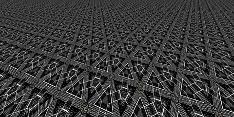 black and white and shades of grey grid dot and spot pattern with gold contrasting portions with perspective