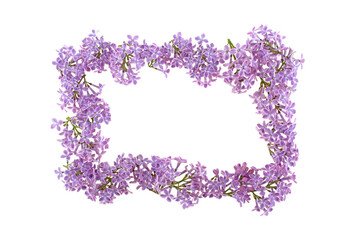 Frame for congratulations, background of lilac flowers isolated on white background