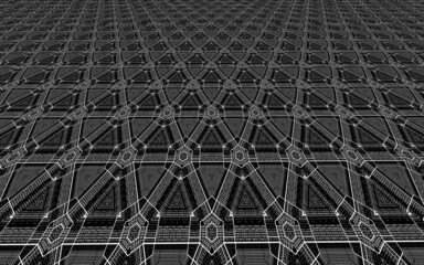 black and white and shades of grey grid dot and spot pattern with gold contrasting portions with perspective