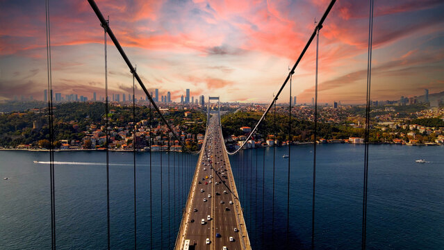 Aerial view of the Bosphorus Bridge at sunset, Istanbul, Turkey